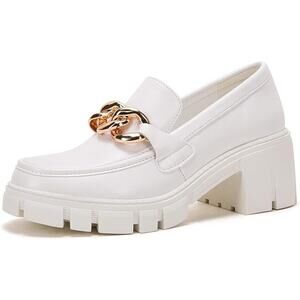 New Tinstree Womens 8 White Faux Leather Gold Chain 2.5" Platform Loafer Shoes